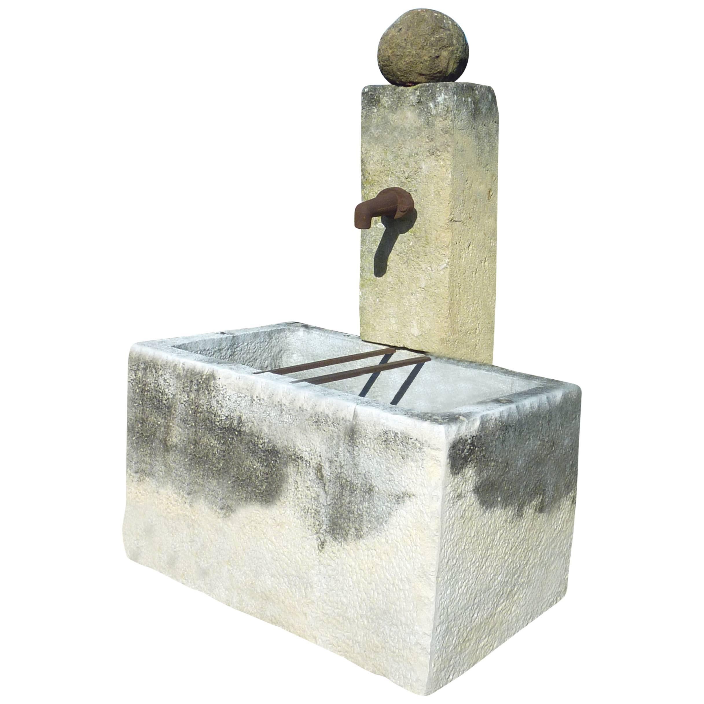 Rustic Wall Fountain with White Antique Stone Trough and Thin Pediment, Provence For Sale