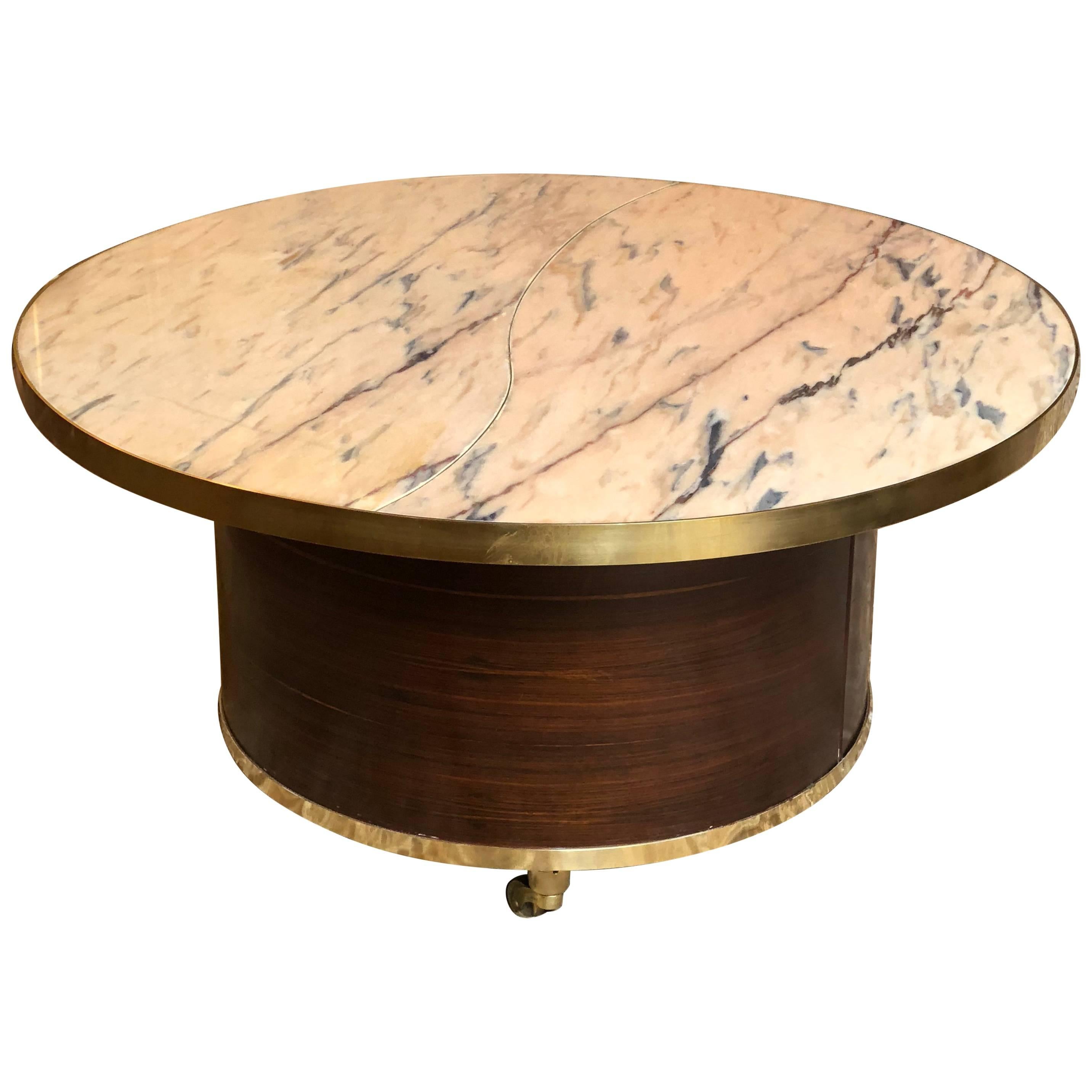 1970s Round Coffee Table with Pink Marble Top, Wood Veneer, Brass Inlay & Wheels