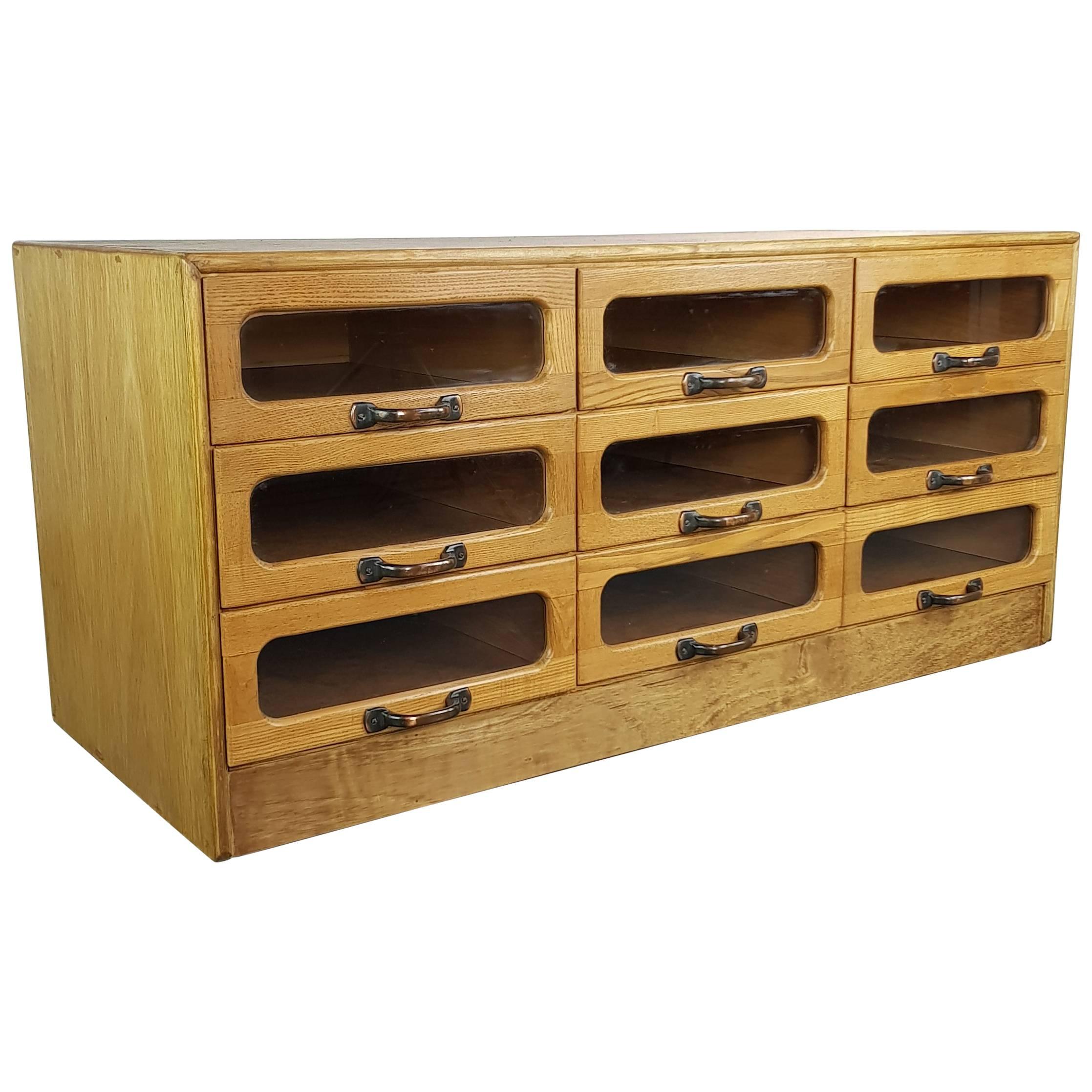 Vintage Early 20th Century Oak Nine-Drawer Haberdashery Cabinet For Sale