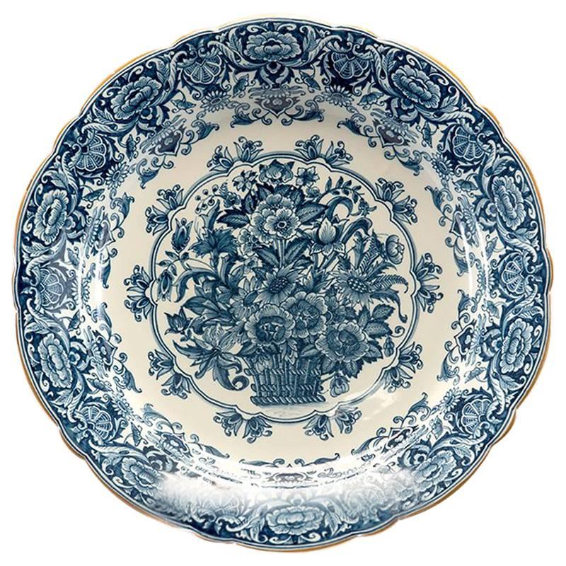 Large Round Delft Blue and White Floral Platter