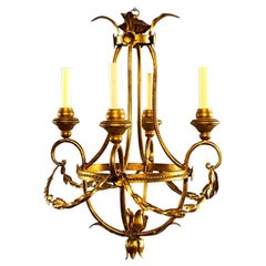 French Gilt Metal Four Light Chandelier with Wood Bobeches