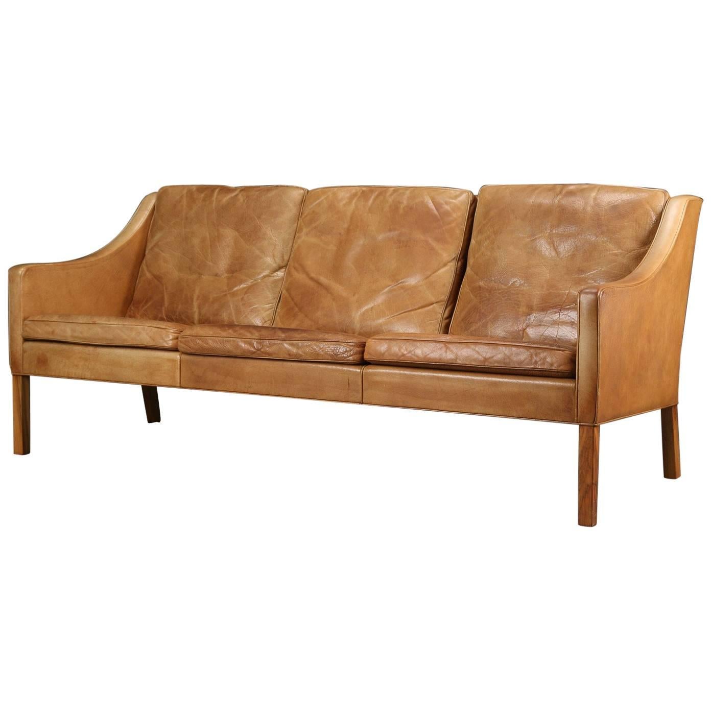 Original Borge Mogensen 2209 Sofa in Patinated Tan Leather, Denmark, 1960s-1970s