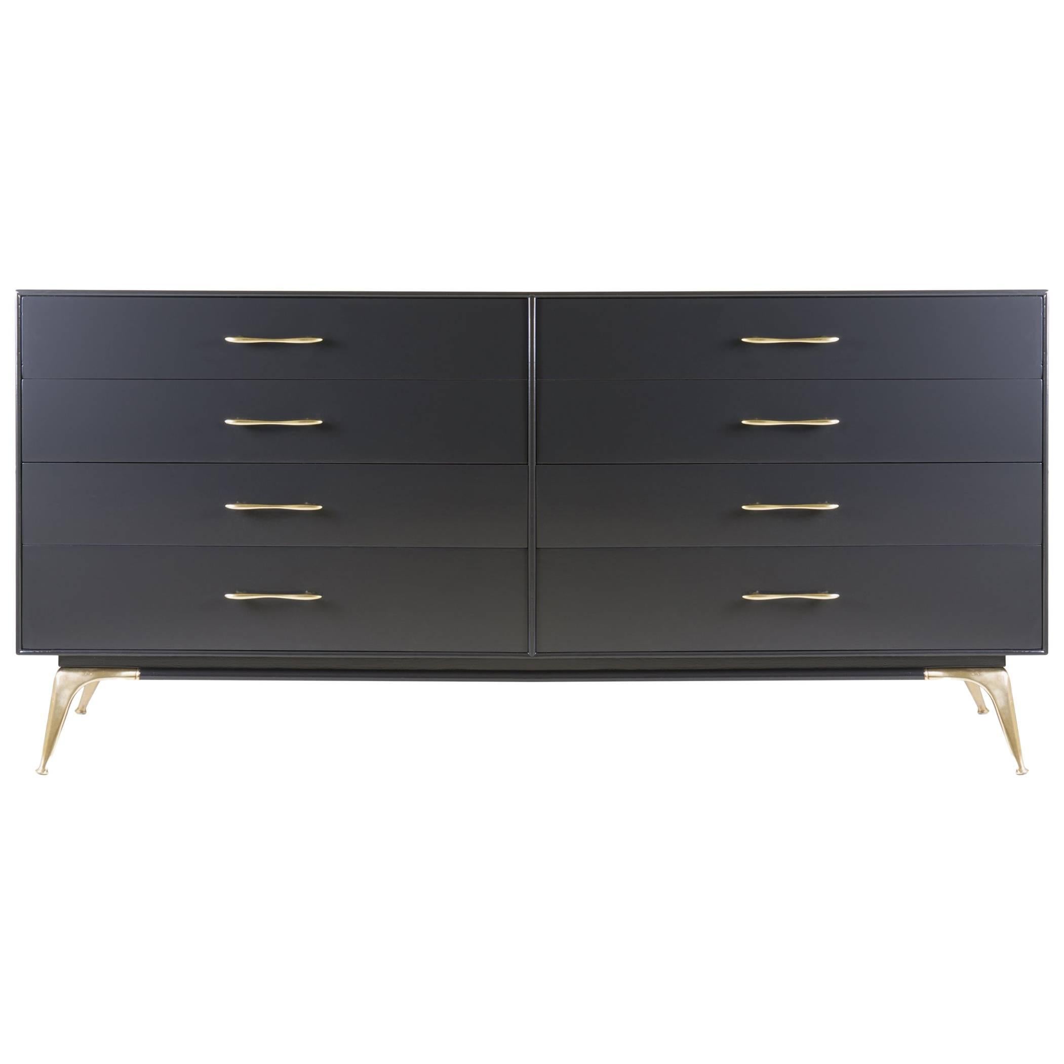 Lacquered Six-Drawer Dresser in Smoke with Polished Brass Hardware by R-Way