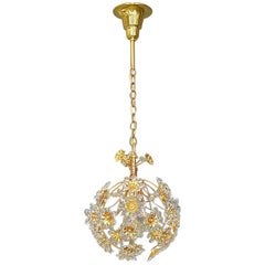 Exceptional Palwa Gilt Brass Crystal Glass Flower Ball Chandelier, circa 1960