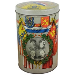 Vintage 1950s Litho Tin Box with Churchill, Rooseveld, Stalin and Tsjang Kai Tsjek