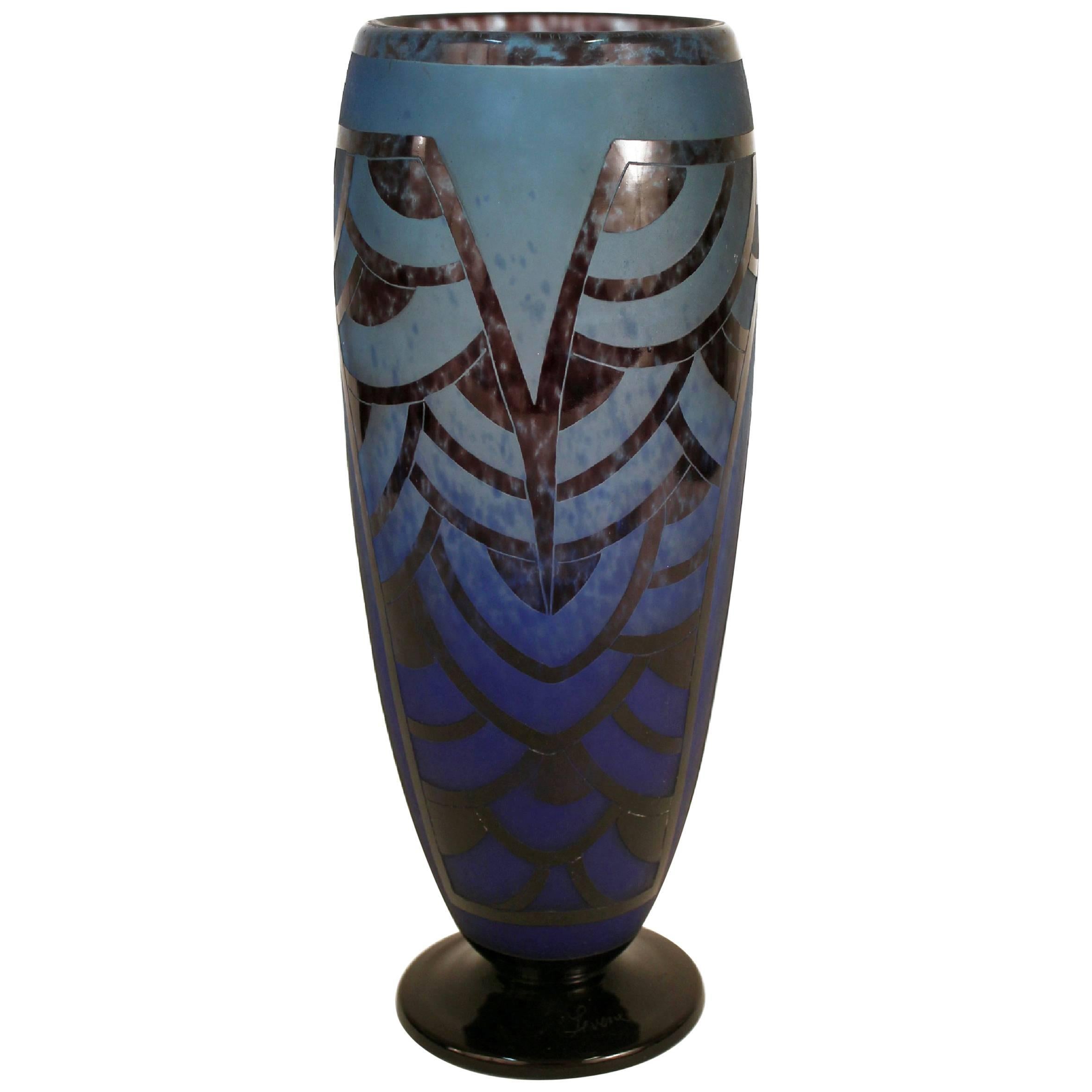 Art Deco Vase by Le Verre Francais, Schneider Nénuphars Bleus