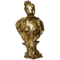 Antique Bust of a Young Woman Gilt Bronze, Signed E.LAPORTE