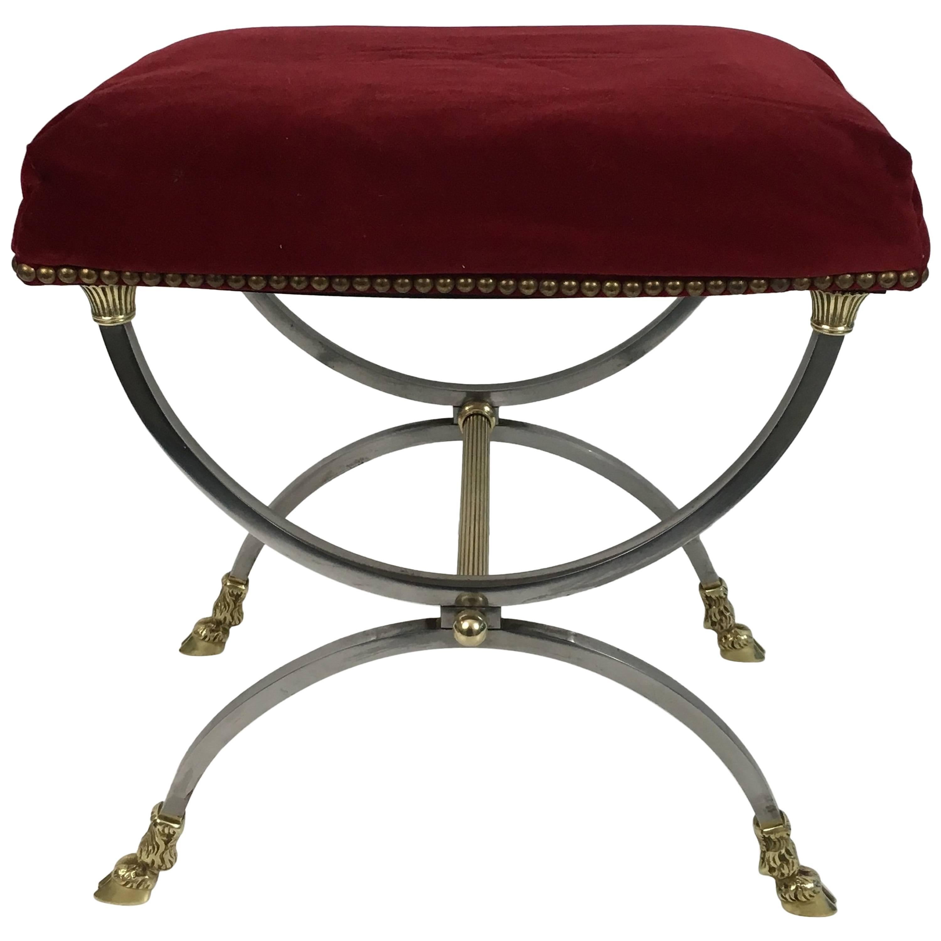 Neoclassical Style Stool in Brushed Steel and Bronze and Brass by Maison Jansen