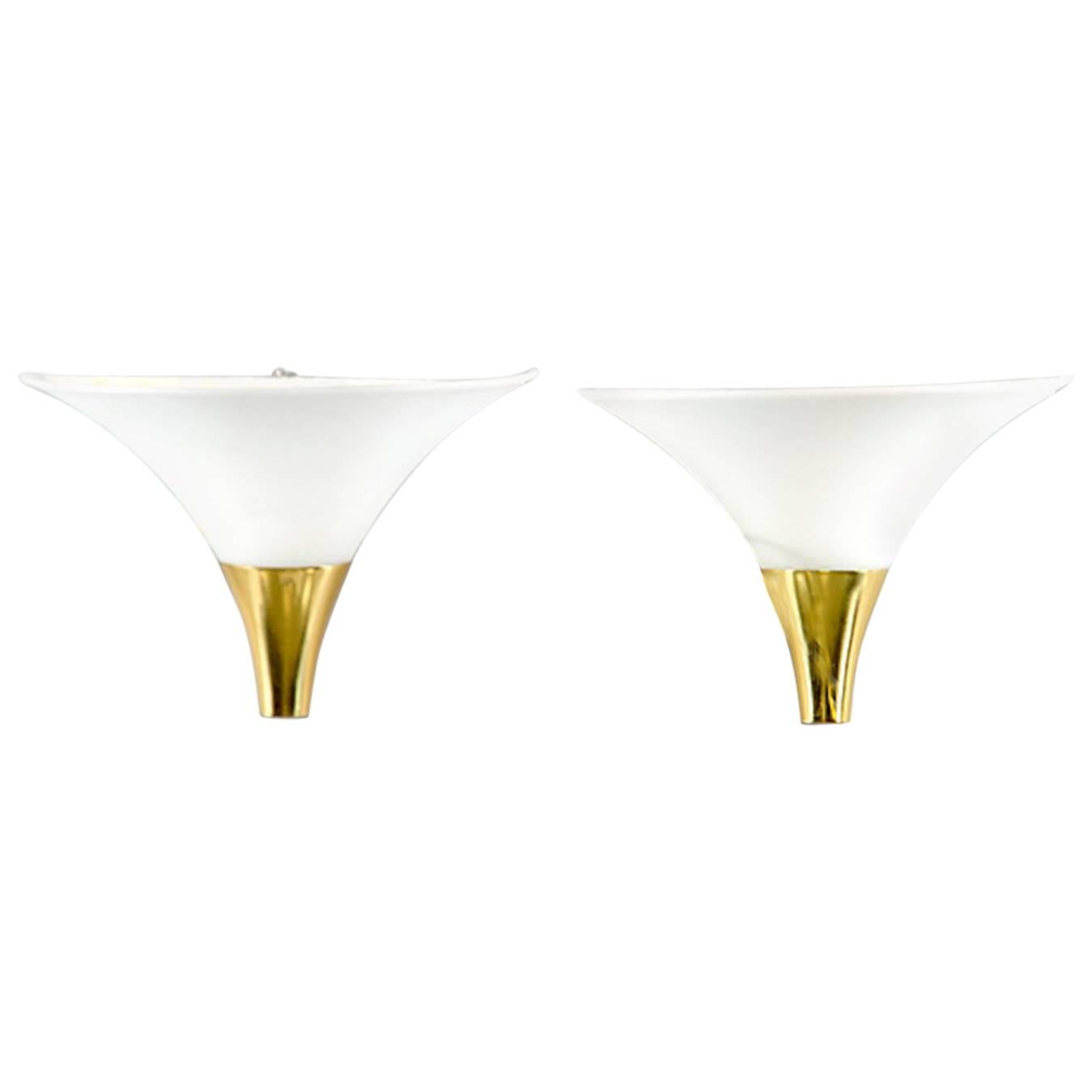 Hollywood Regency Style Trumpet Shaped White Glass and Brass Sconces