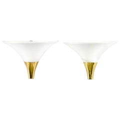 Hollywood Regency Style Trumpet Shaped White Glass and Brass Sconces