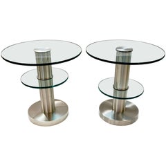 Gio Ponti 1990s Fontana Arte Pair of Clear Glass and Nickel Round Side Tables