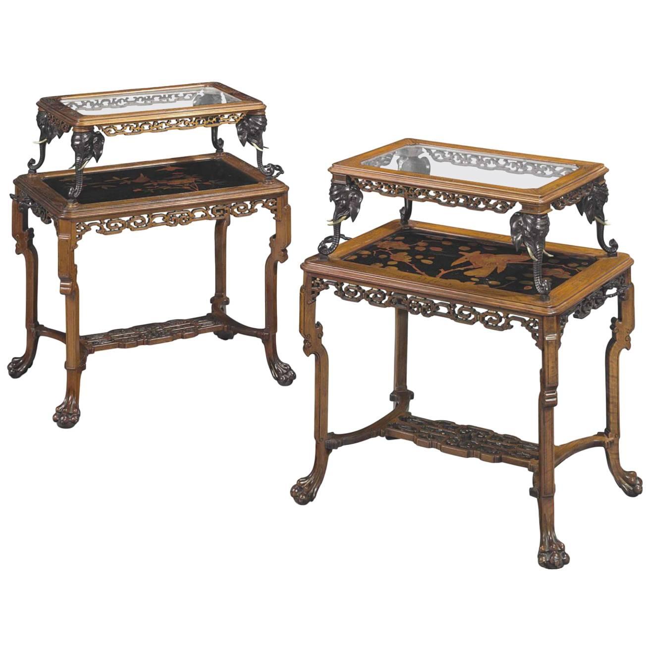 Pair of French Japonisme Bronze, Lacquer, & Hardwood Etageres Tea Tables Chinese