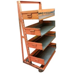 Factory Storage Bookcase Bookshelf Cart, Orange Steel A-Frame on Wheels; 7 avail