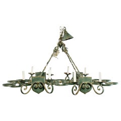 French Rectangular Green Metal Eight Light Chandelier