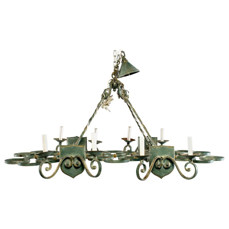 French Rectangular Green Metal Eight Light Chandelier For At French Rectangular Green Metal Eight Light Chandelier For