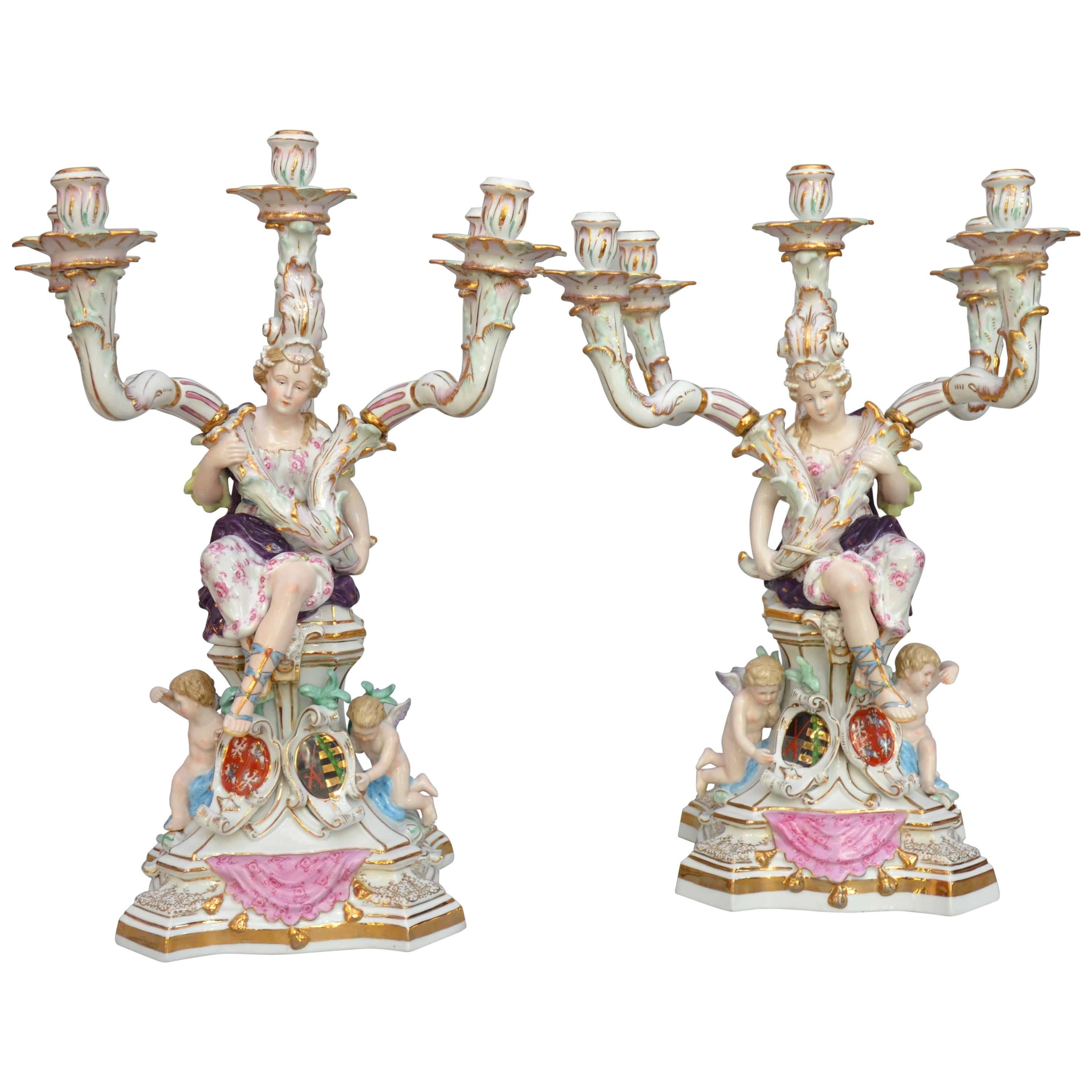 Mid-19th Century Dresden Pair of Large Figurative Candlesticks, after Meissen For Sale