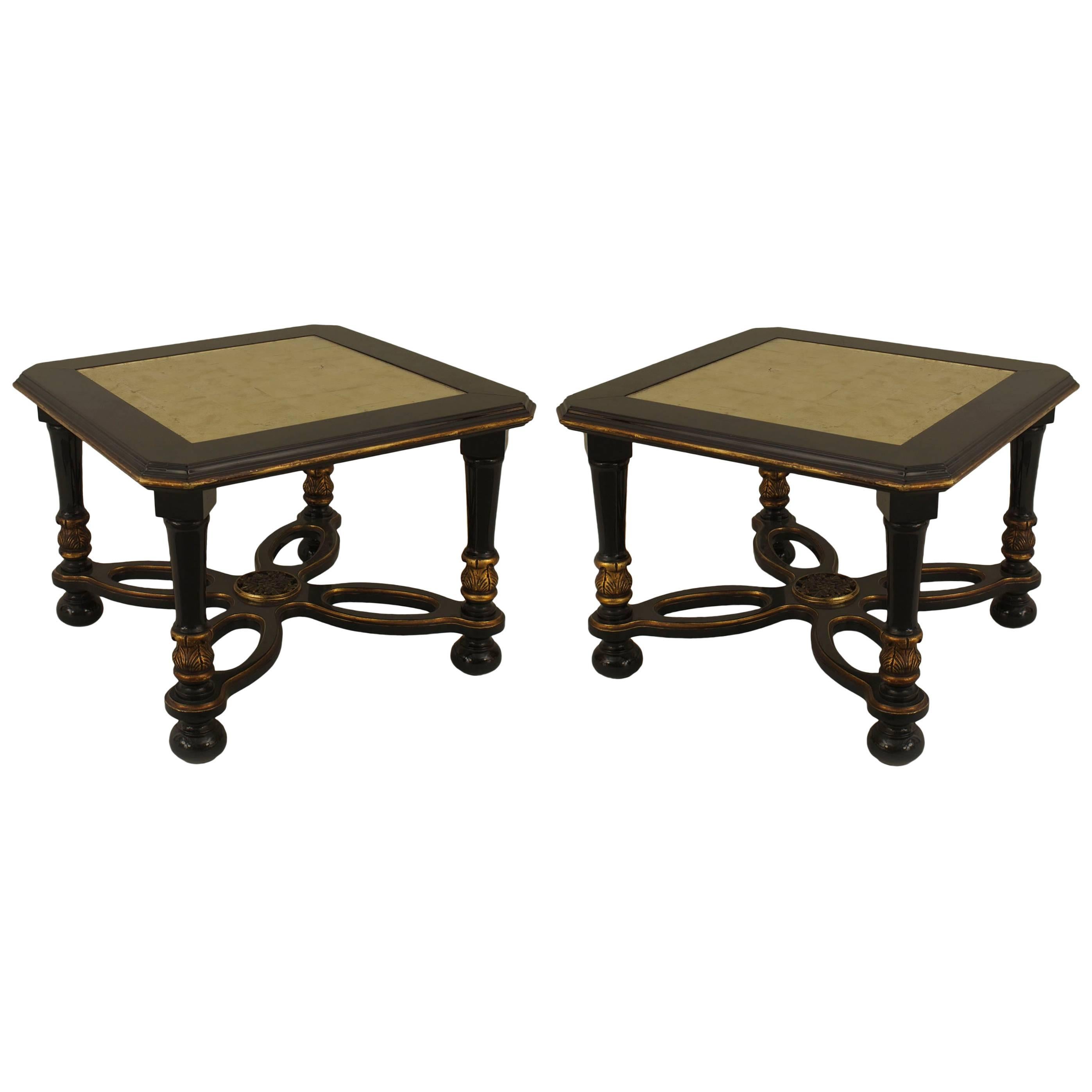 Pair of French Ebonized Gold Glass End Tables For Sale
