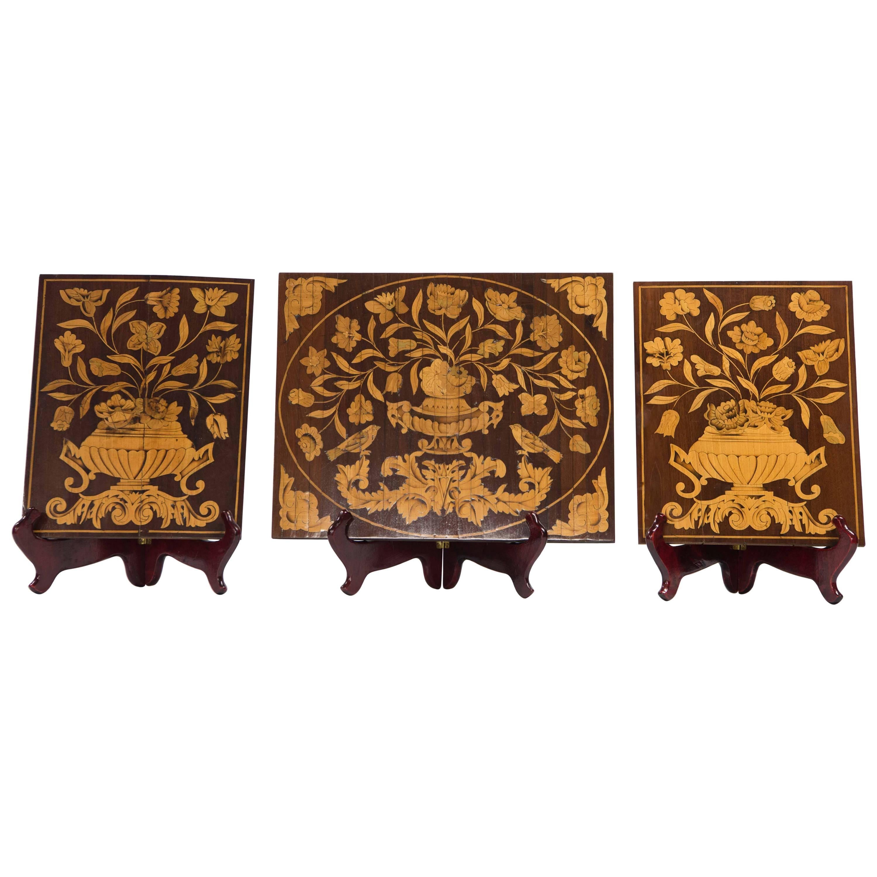 Set of Three Panels in Wood with Marquetry Inlay, Flower Patterns, 19th Century 