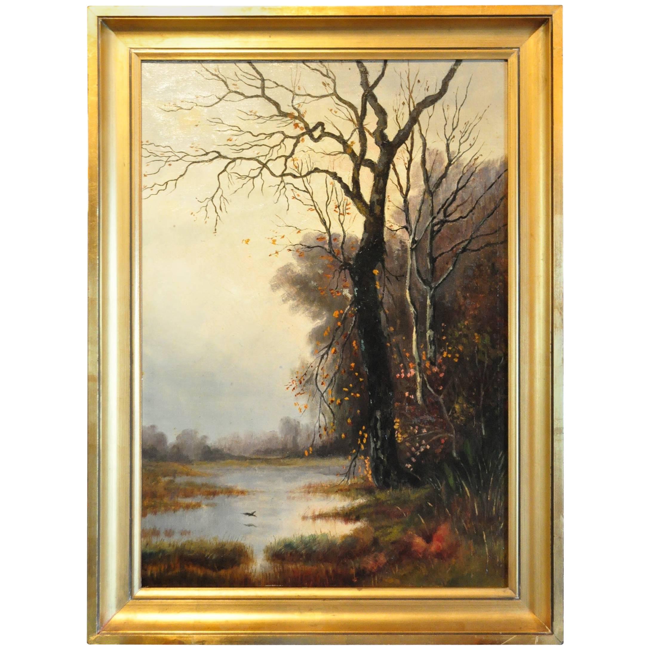 19th Century École Française Oil on Canvas, "Bord de la rivière" For Sale