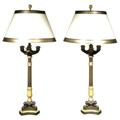 Antique A Very Fine Pair of Empire Parcel Gilt Bronze Three Light Candelabra / Lamps