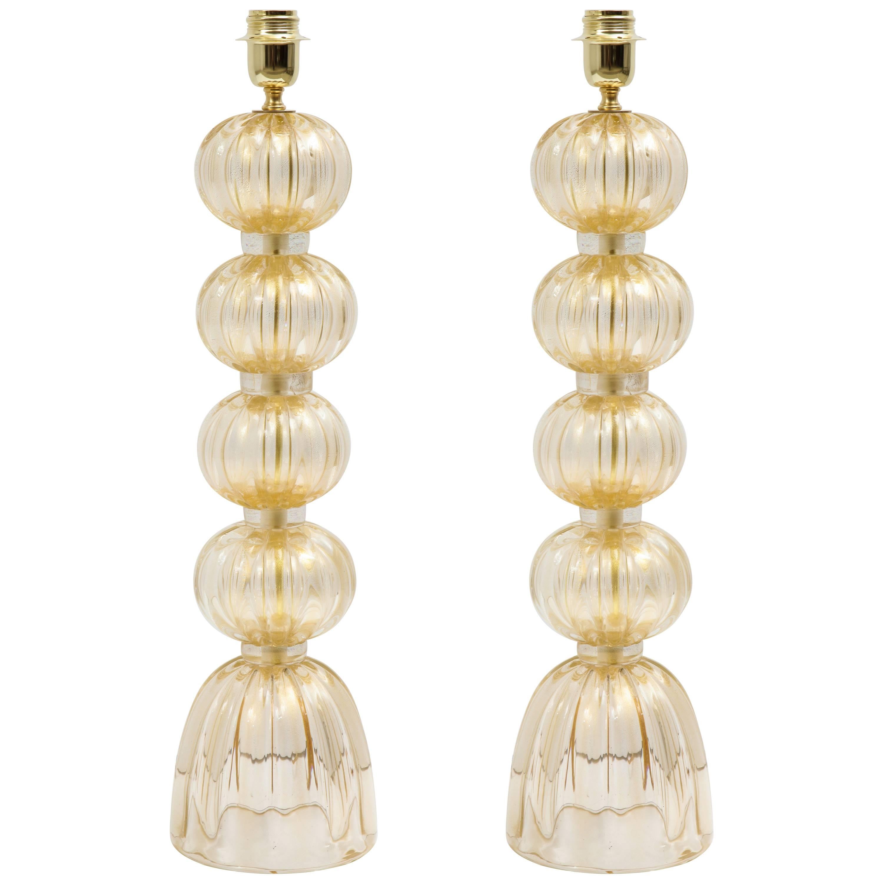 Magnificent Pair of Italian Murano Glass Lamps in 23-Karat Gold
