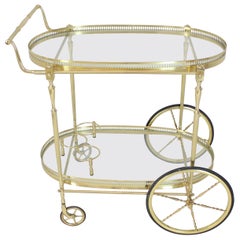Large Wheels Brass and Glass Tea Cart Bar with Bottle Holders