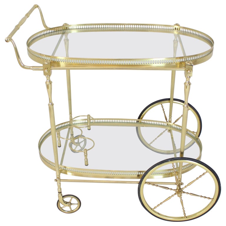 Large Wheels Brass and Glass Tea Cart Bar with Bottle Holders at 1stDibs