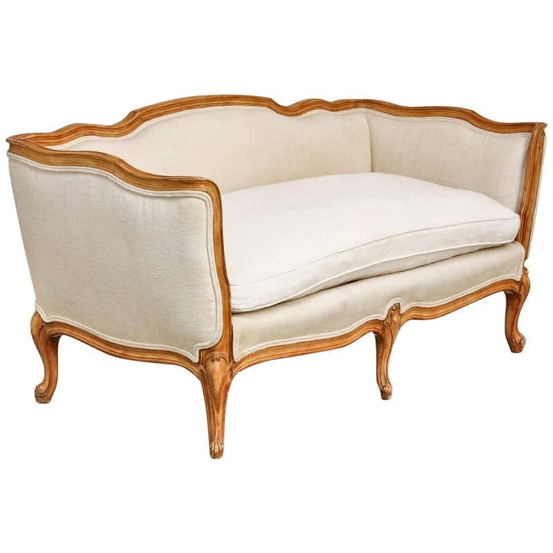 Small French Country Louis XV Style Carved Walnut Pink Settee Loveseat