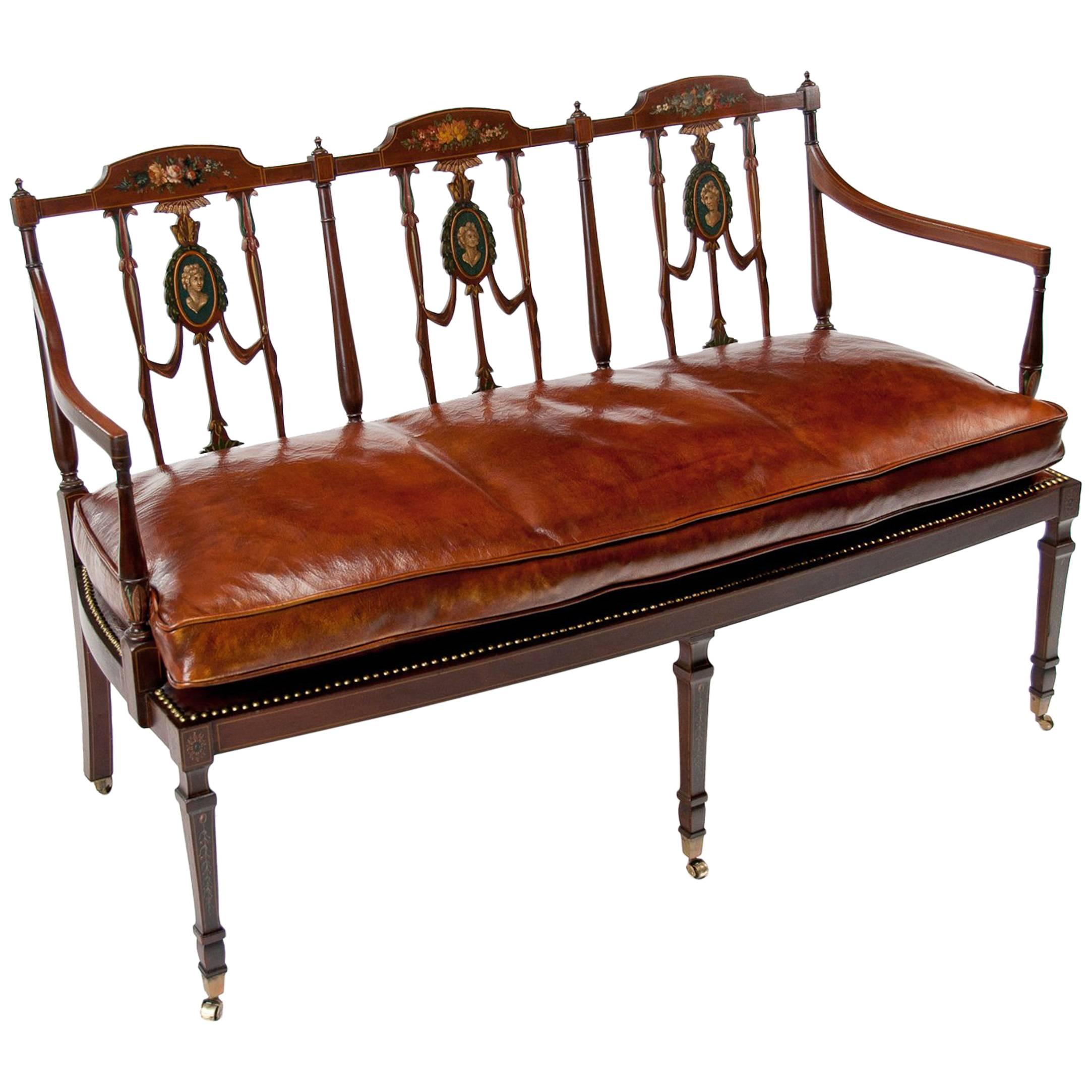 Fine Edwardian Inlaid and Neoclassical Style Painted Leather Settee