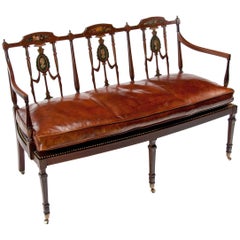 Antique Fine Edwardian Inlaid and Neoclassical Style Painted Leather Settee