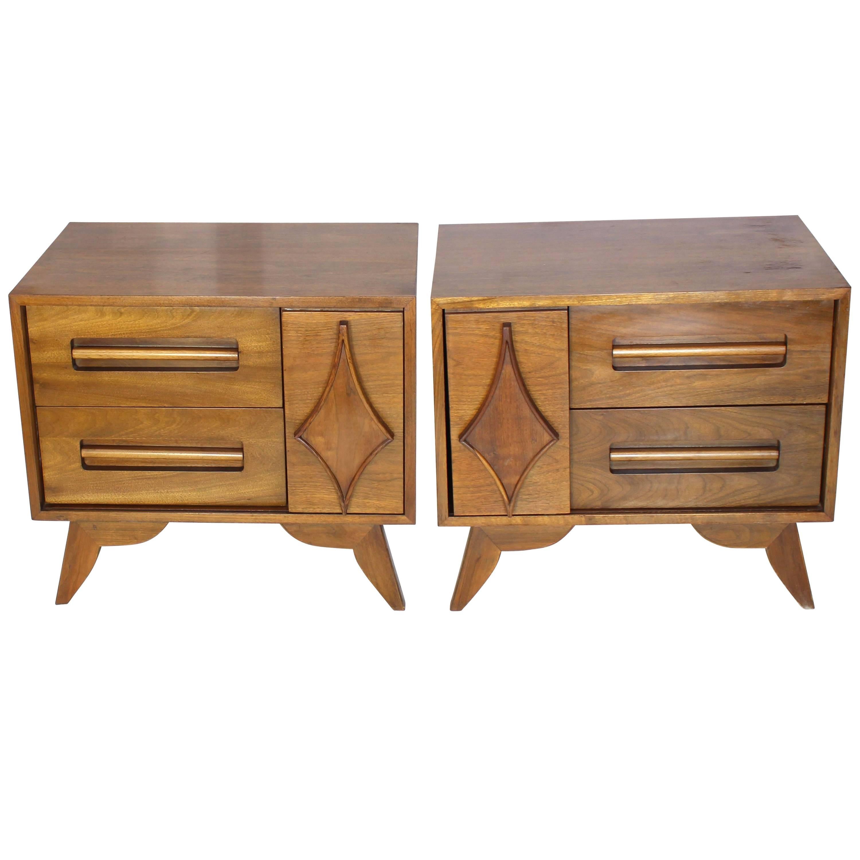 Pair of Large Walnut Nightstands End Tables with Small Bookcase