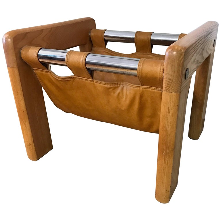 Danish Modern Oak and Leather Magazine Rack Holder Mobler For Sale at
