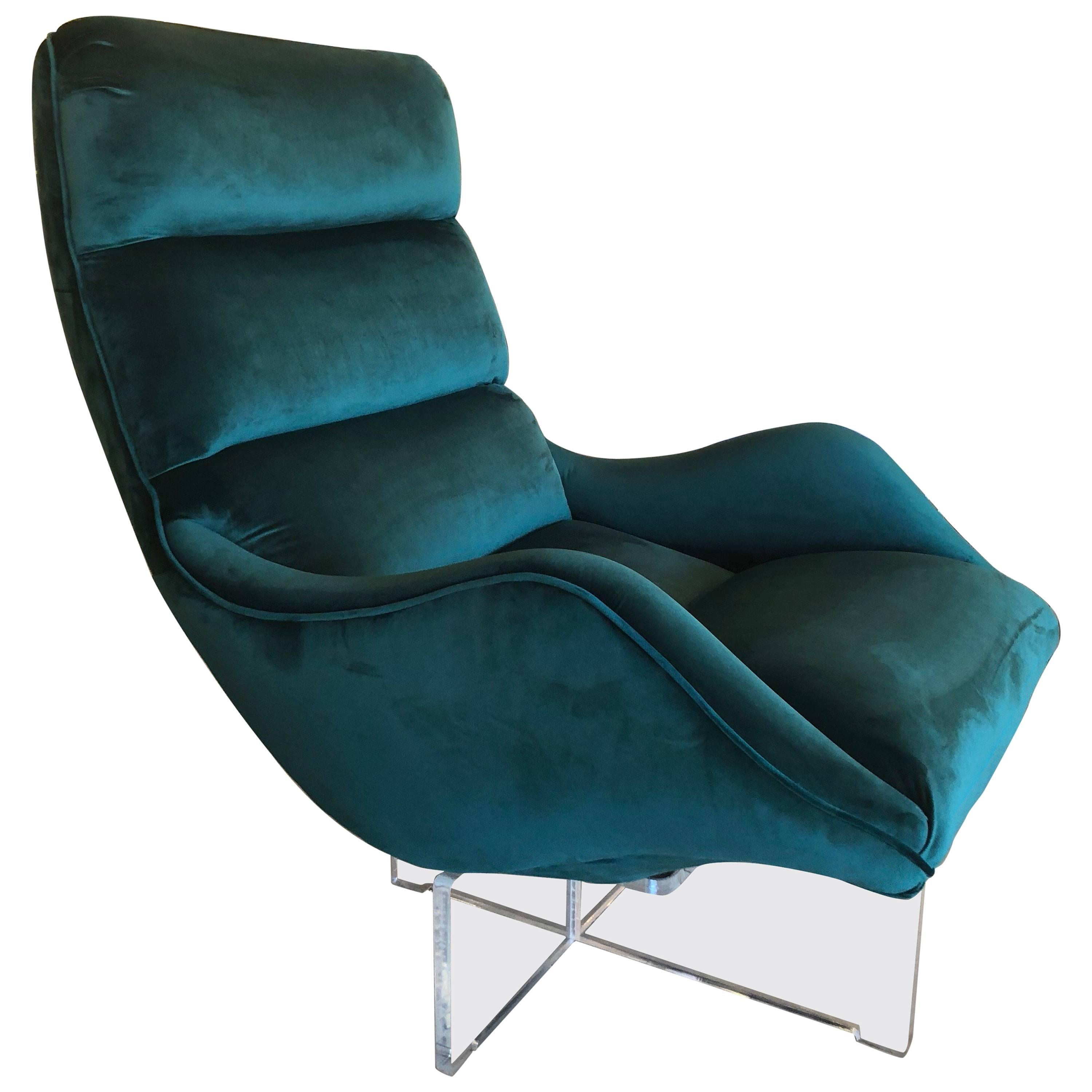 Vintage Vladimir Kagan Lucite Swivel Lounge Chair Green Velvet
