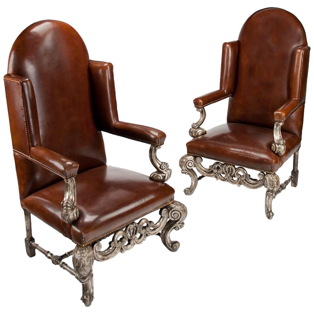 Antique Pair of Silver Gilt Leather Upholstered Wing Chairs