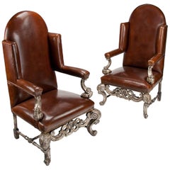 Antique Pair of Silver Gilt Leather Upholstered Wing Chairs