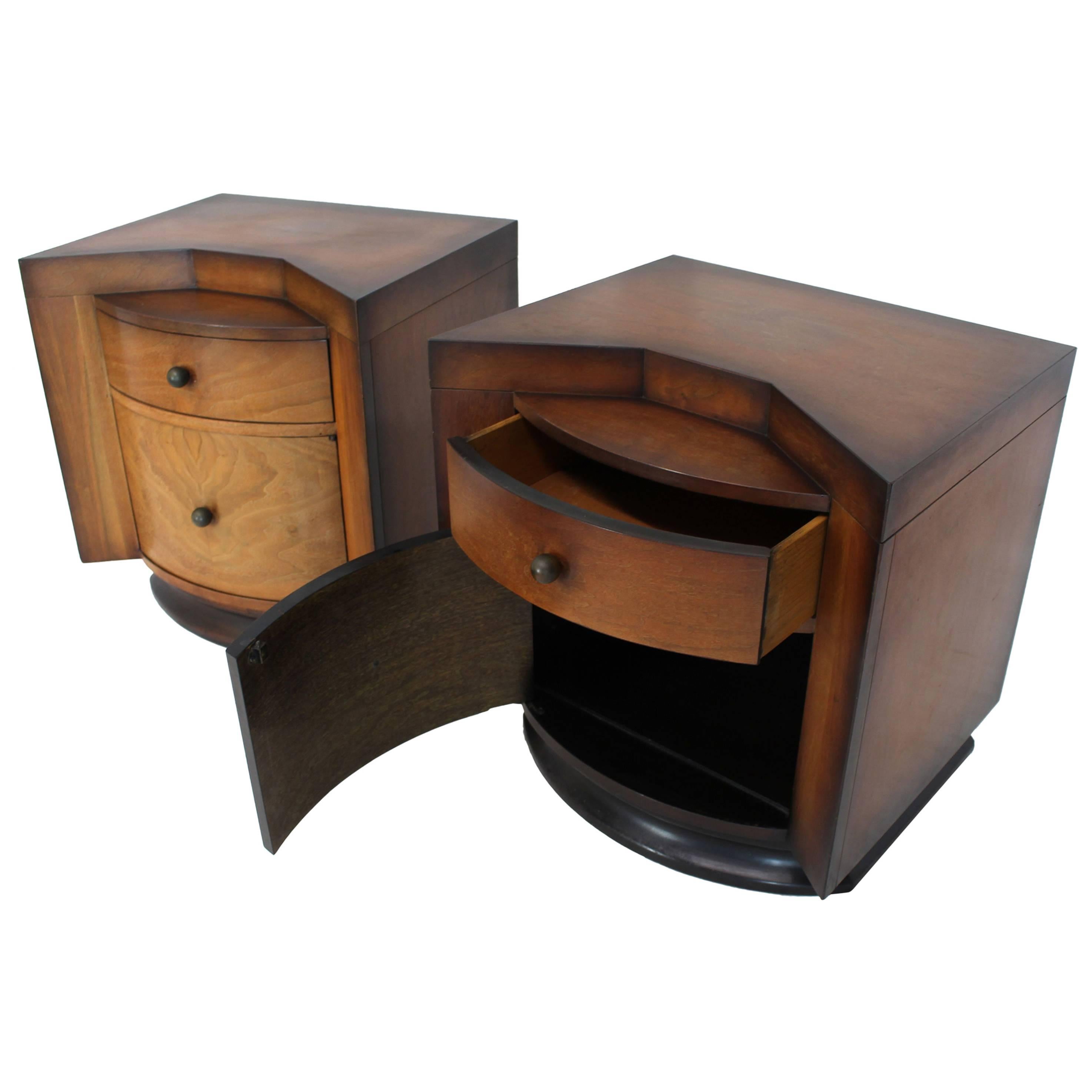 Pair of Deco Full Bodied Design Midcentury Nightstands End Tables Brass Pulls For Sale