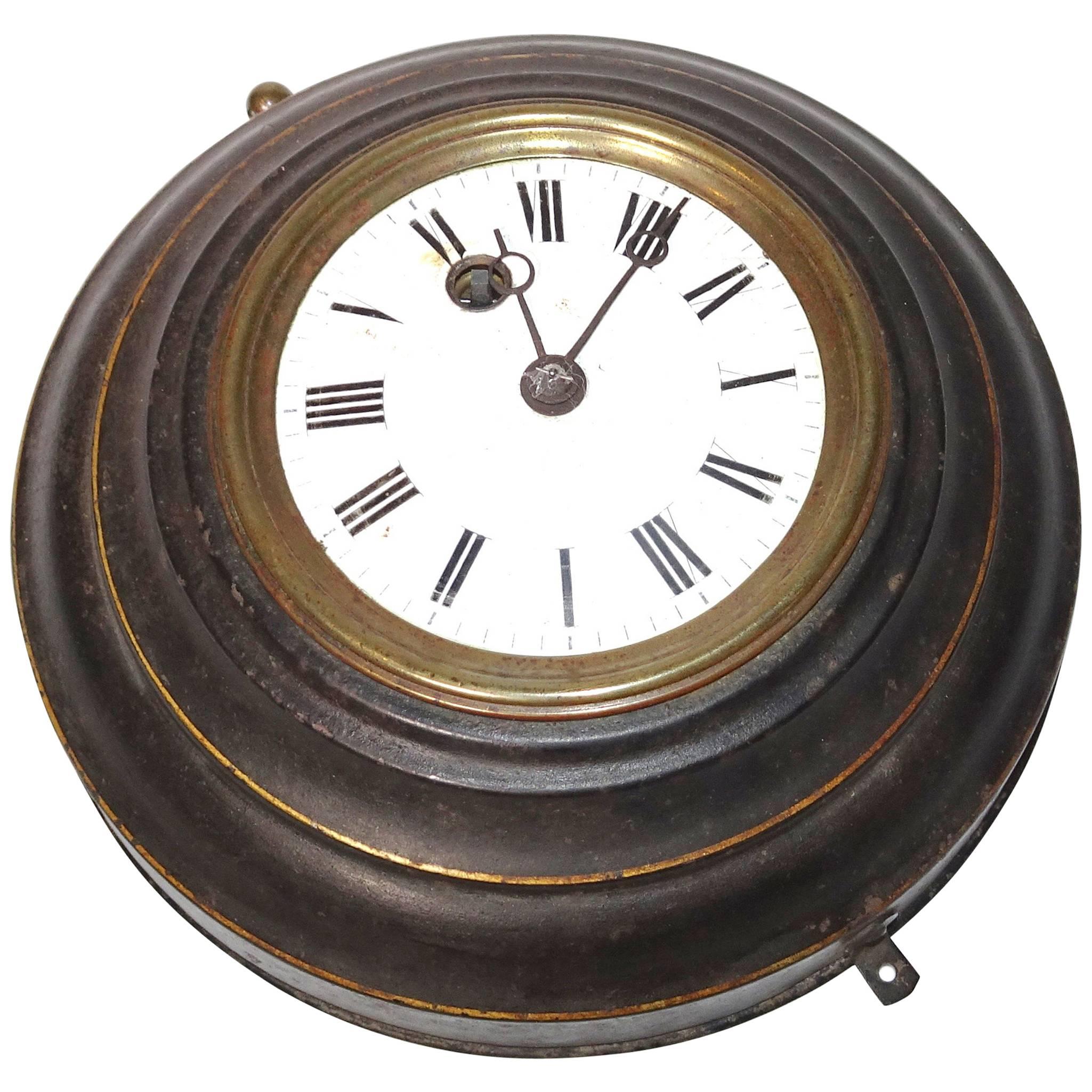 19th Century Round Black Tole Clock with White Face