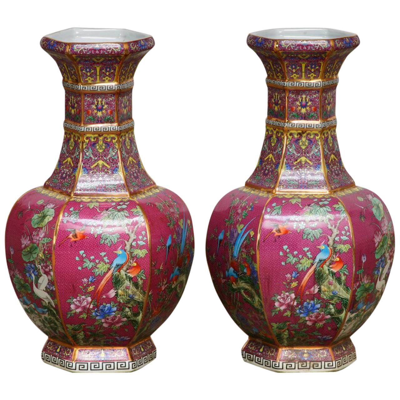 Pair of Chinese Porcelain Flora and Fauna Pink Vases