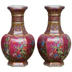 Pair of Chinese Porcelain Flora and Fauna Pink Vases