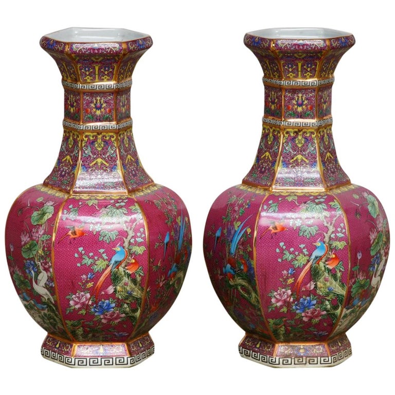 Pair of Chinese Porcelain Flora and Fauna Pink Vases at 1stDibs