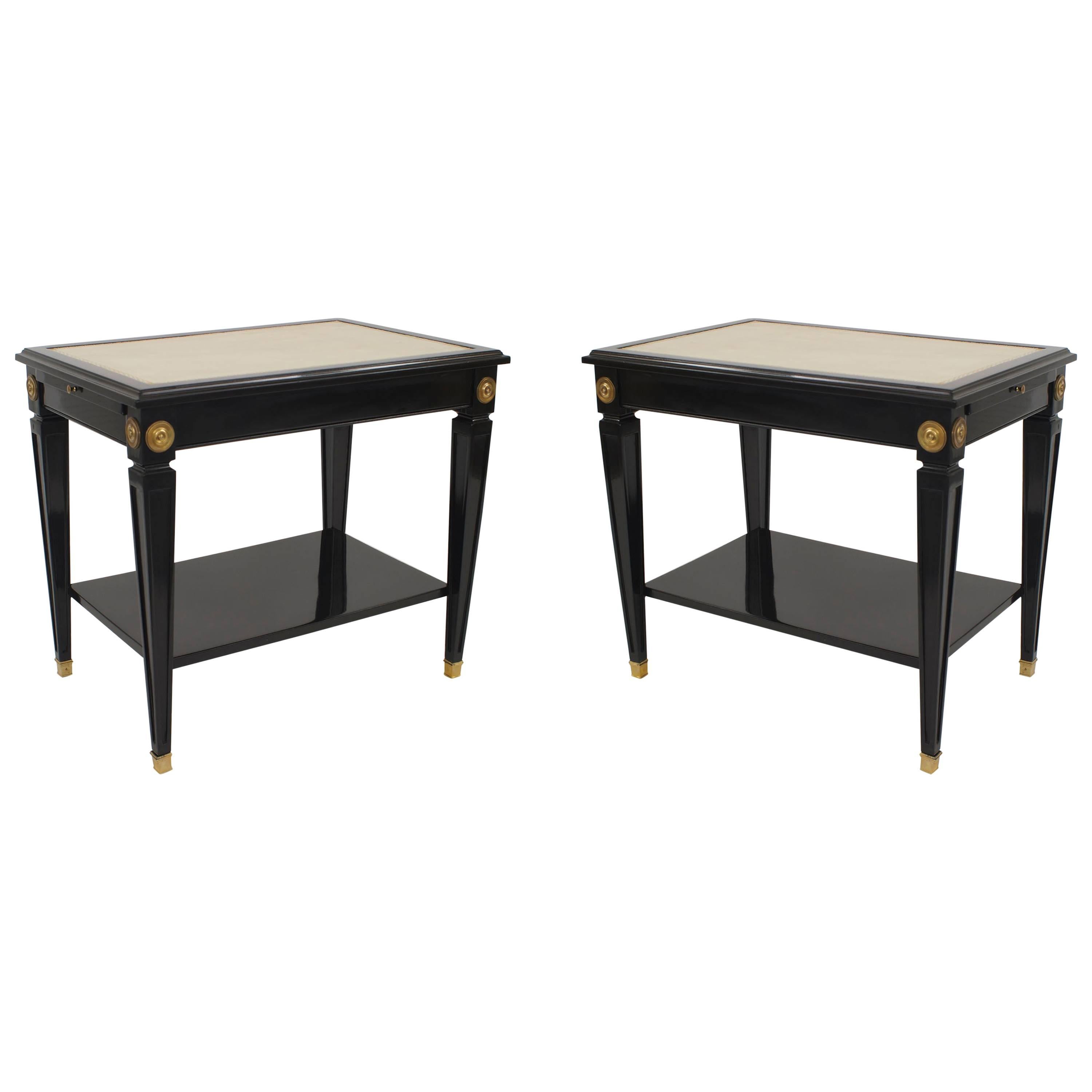 Pair of Maison Jansen Louis XVI Style Ebonized White Leather End Tables