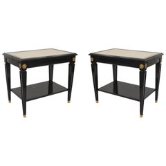 Pair of Maison Jansen Louis XVI Style Ebonized White Leather End Tables