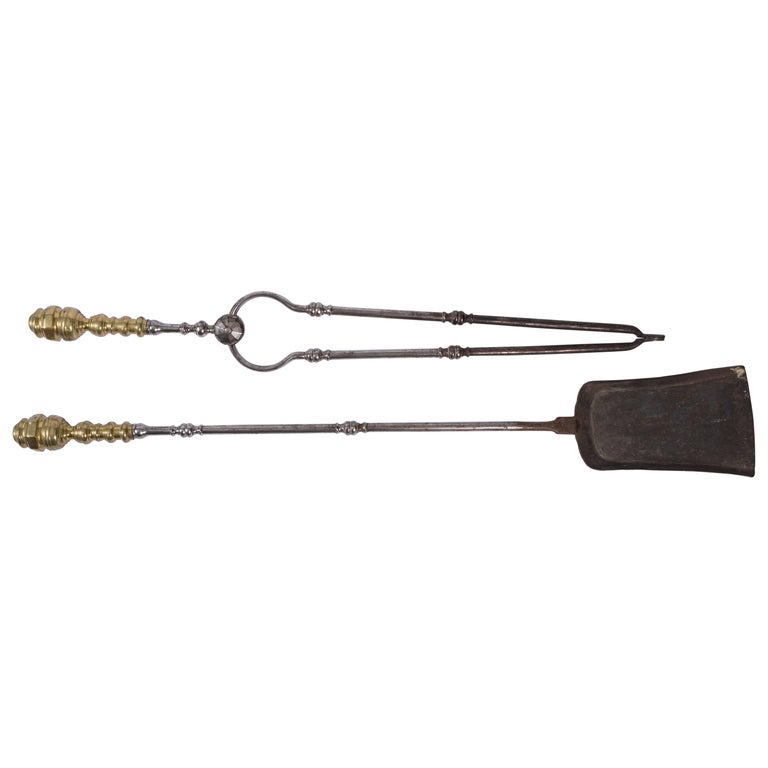 Brass Handle Fire Tool Set of Two Including Wood Tongs and Shovel For Sale at 1stDibs