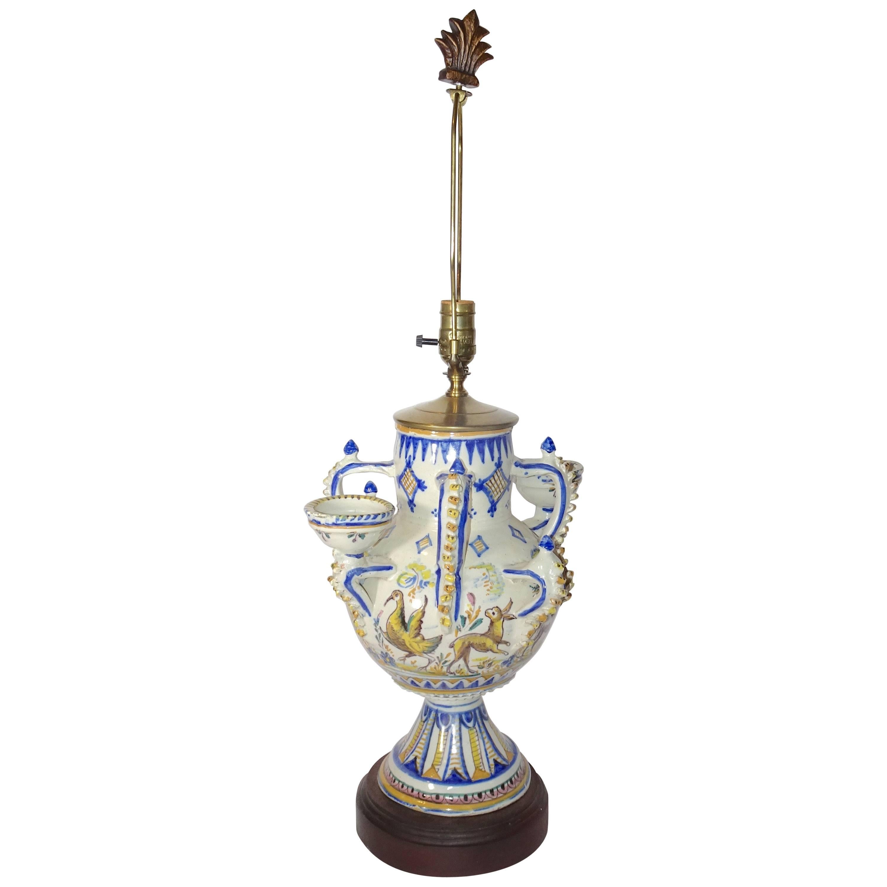 19th Century Blue and White Delft Vase made into Table Lamp on Wood Base