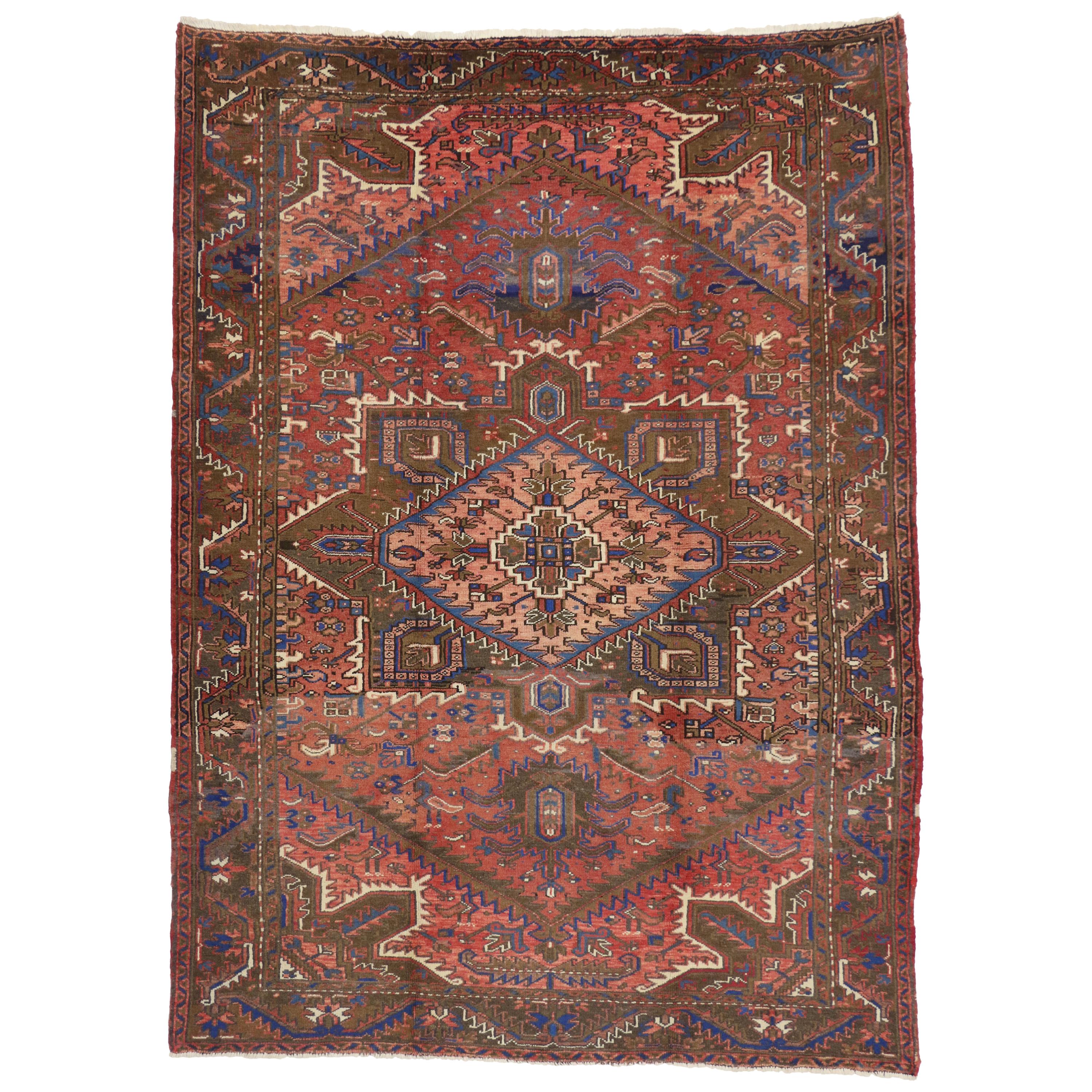 Traditional Vintage Persian Heriz Rug with Modern Rustic Style