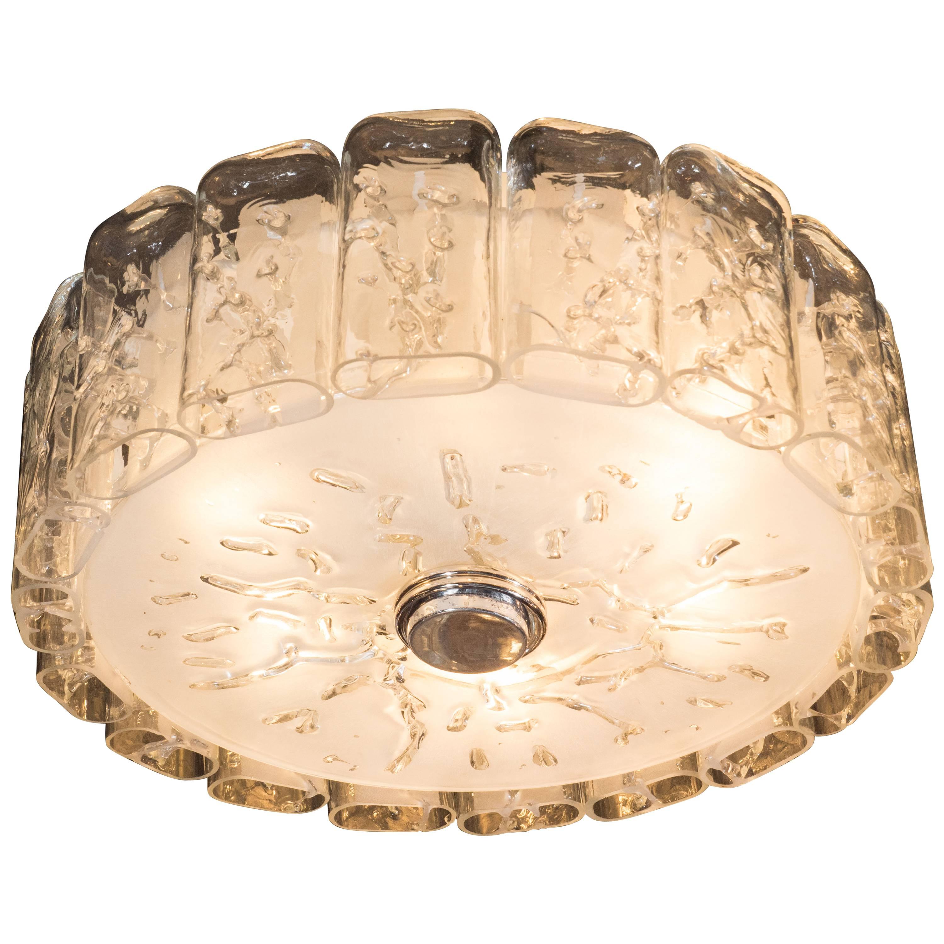 Mid-Century Modern Flush Mount Chandelier in Frosted and Textured Glass by Doria For Sale