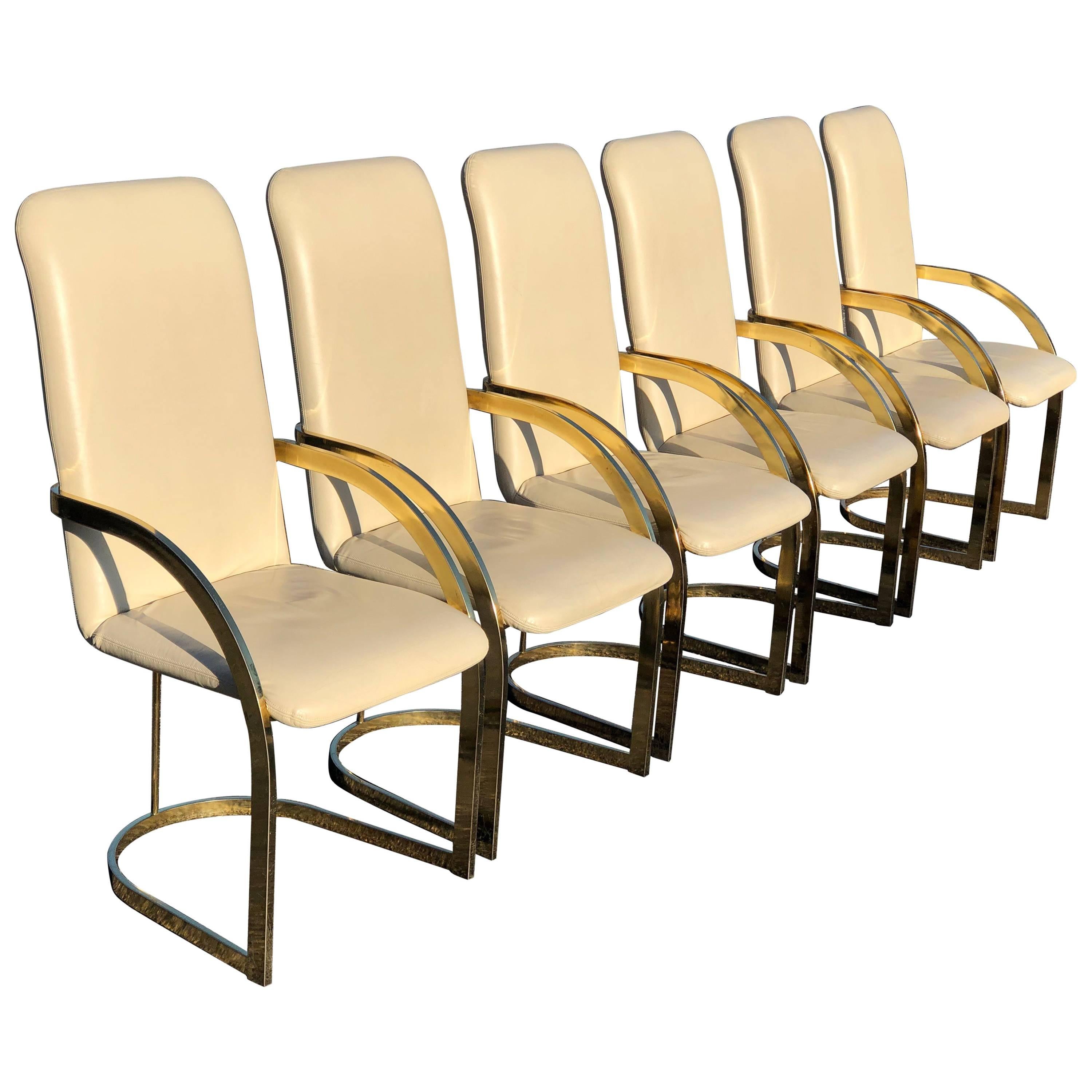 Milo Baughman Style Brass and Leather, Set of Chairs