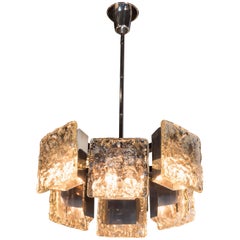 Midcentury Polished Chrome Chandelier with Textured Glass Shades by Mazzega