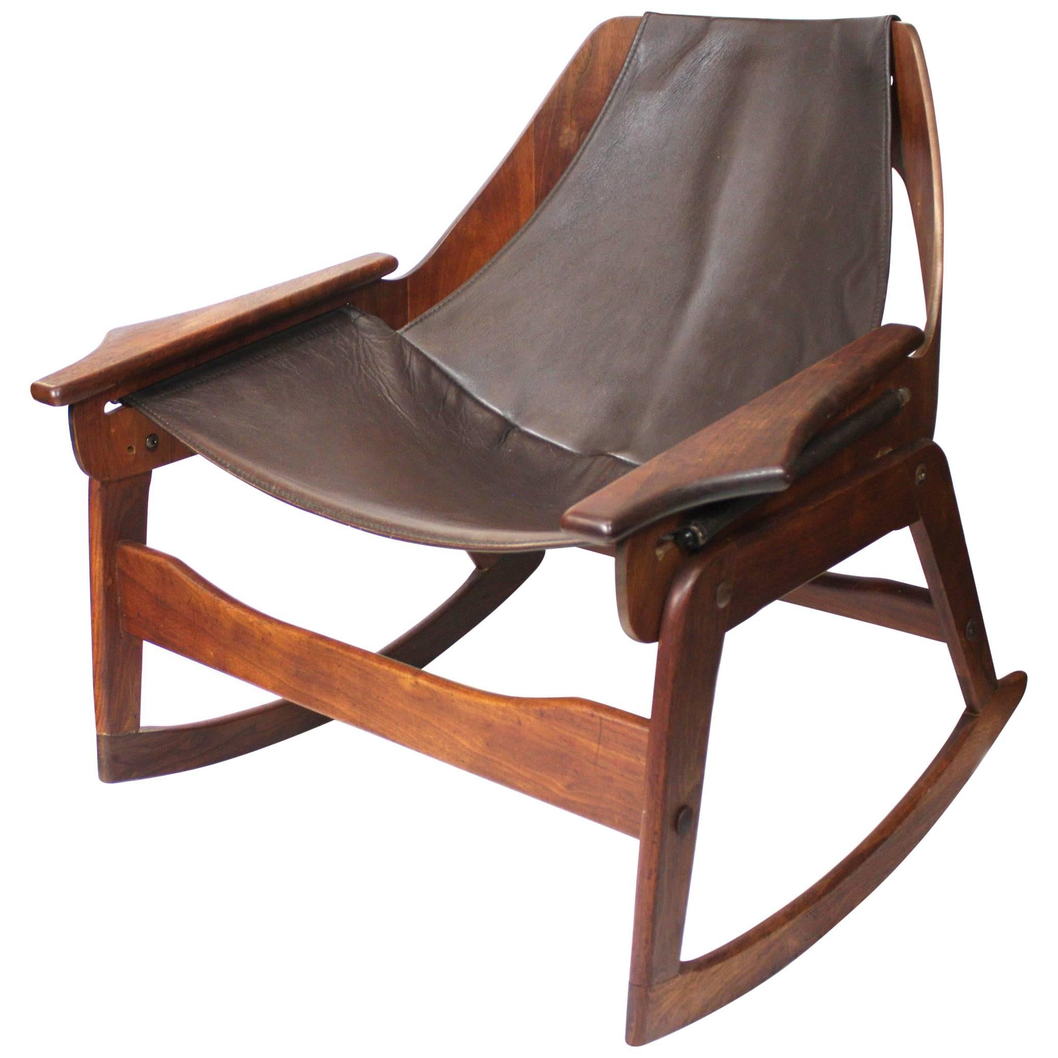 Mid-Century Modern Bent Plywood Leather Sling Rocking Chair by Jerry Johnson
