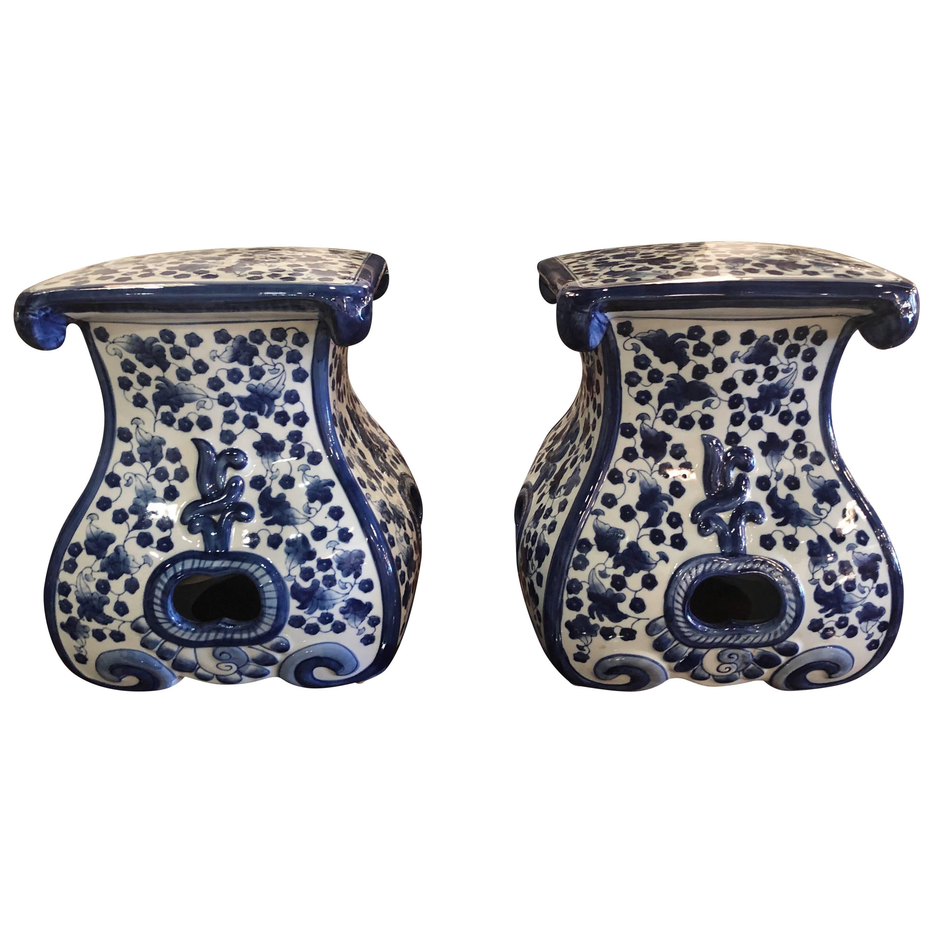 Pair of Blue and White Ceramic Garden Stools Benches Stands